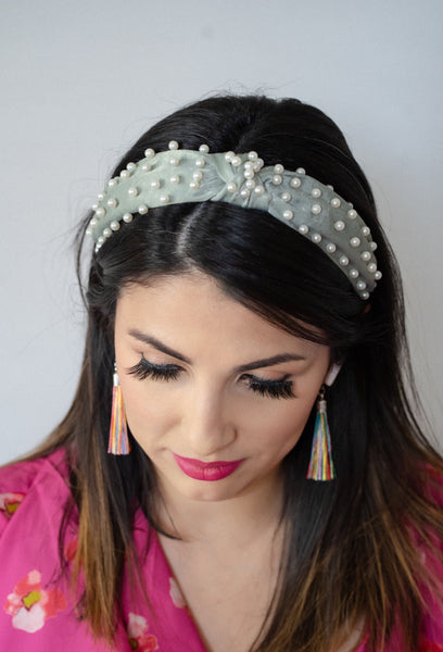 Sage Knotted Headband with Pearl Accents