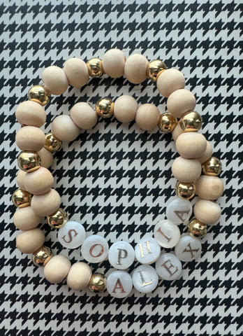 The Wooden Name Bracelet with Pearl and Gold Name Beads