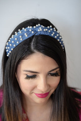 Blue Knotted Headband with Pearls